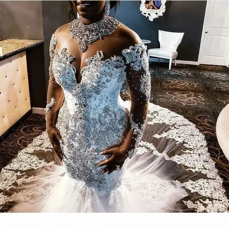 Customized Lace Mermaid Wedding Dresses Tulle Applique Beaded Crystals Long Sleeves Bridal Gowns Detachable Train