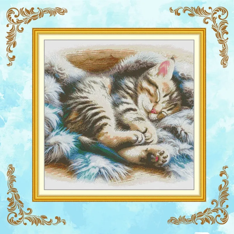 

Joy Sunday Cross Stitch Kit 11/16/14CT Fabric Printing Unprinted Embroidery Set Home Decor Gift Sleeping Cat HD Pattern