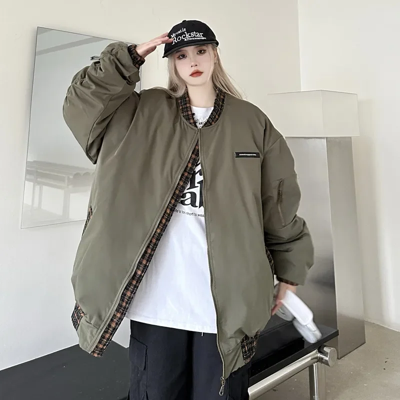 Baseball Uniform Puffer Jackets Unisex Black Zipper Parkas Women Winter 2025 New Loose Long Sleeve Warm Padded Coats