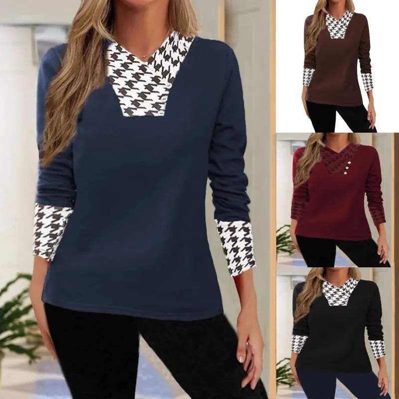 

2023 Autumn and Winter Women's Fashion V-neck Long Sleeved Thousand Bird Checker Collar Casual Comfortable Versatile Top