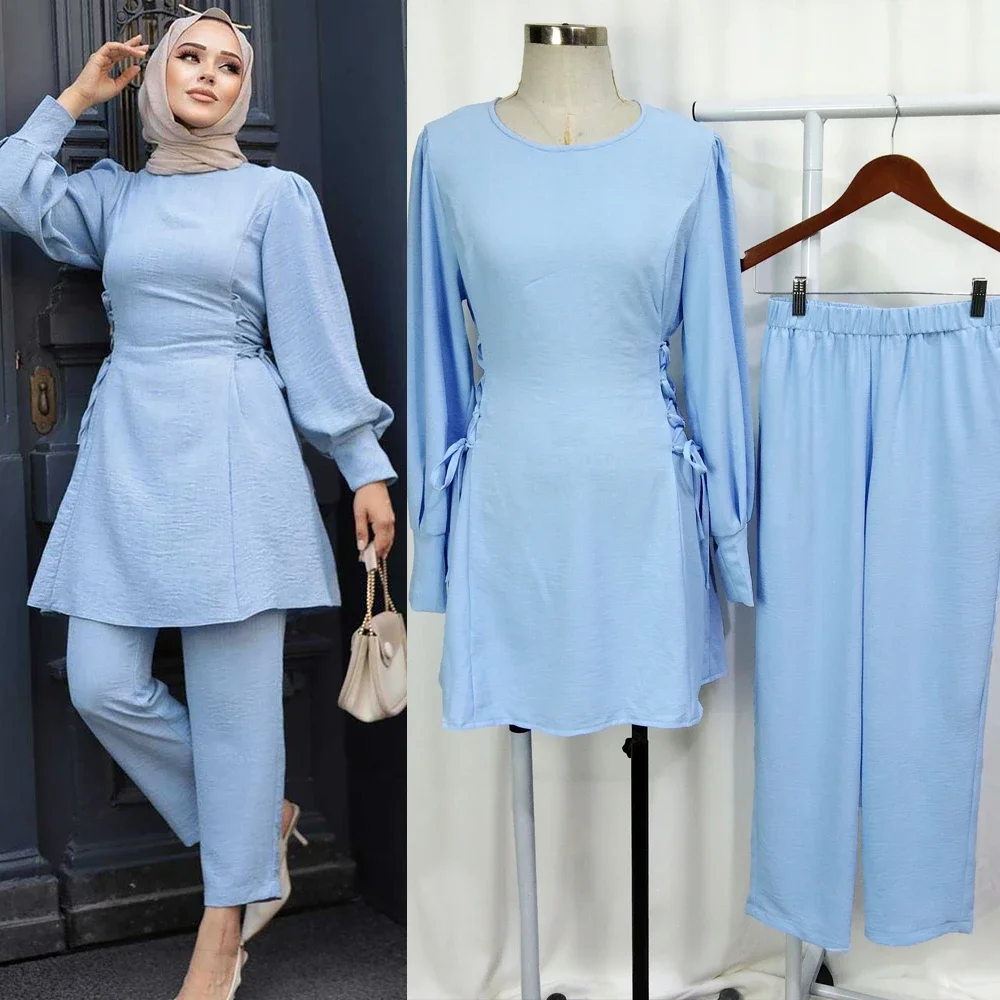 

2PCS Muslim Set Women Tops Pants Matching Outfits Islam Clothing Dubai Abaya Turkey Kaftan Femme Musulmane Ensembles Tracksuit