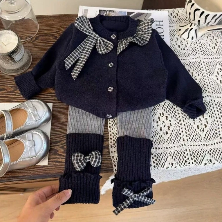 Girls Suit 2026 Autumn and Winter New Childrens Wear Korean Style Girl Baby Check Knitted Cardigan Pile Socks Leggings Two Sets
