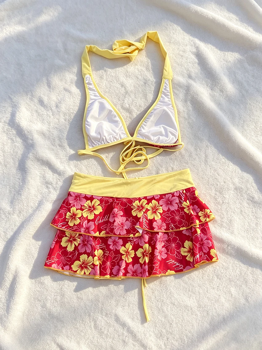 Women 3-Piece Hawaiian Hibiscus Floral Halter Swimwear Set Trend Padded Top Ruffle Skirt Briefs Beach Pool Vacation Bathing Suit