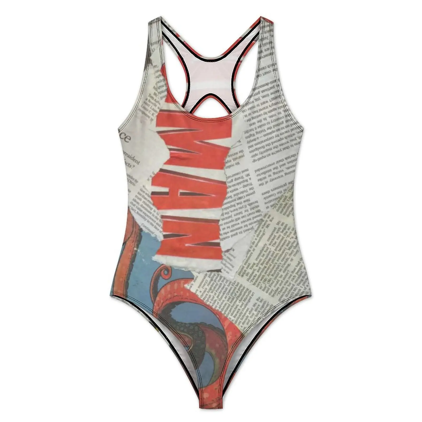 Statement Newspaper Collage Swimsuit Sexy Vintage Letter Print One Piece Swimwear Push Up Bodysuit Stylish Sport Beach Outfits