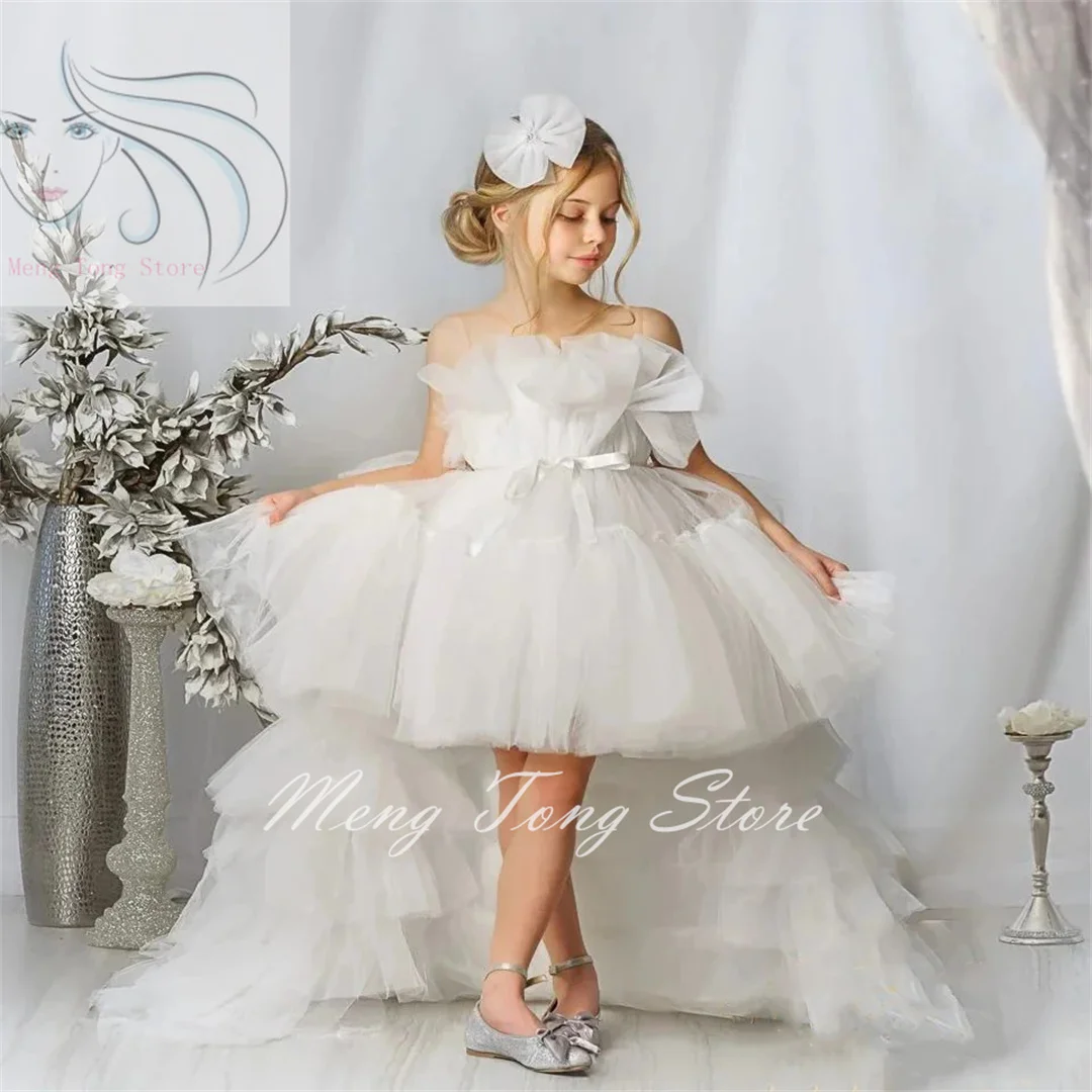 

Flower Girl Dresses For Wedding Ivory Tiered Puffy Tulle Bow with Detachable Train Kids First Communion Gowns