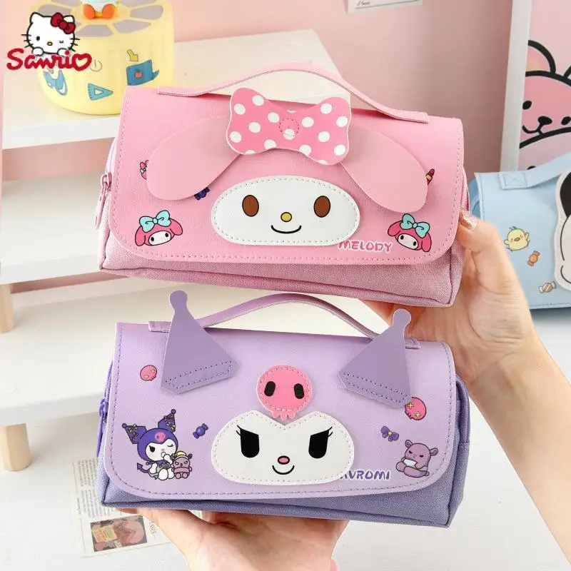 Estojo de Lápis Sanrio Kawaii, Hello Kitty Dos Desenhos Animados, Alta Capacidade Multi-Camada, Kuromi Papelaria Kit Saco De Armazenamento