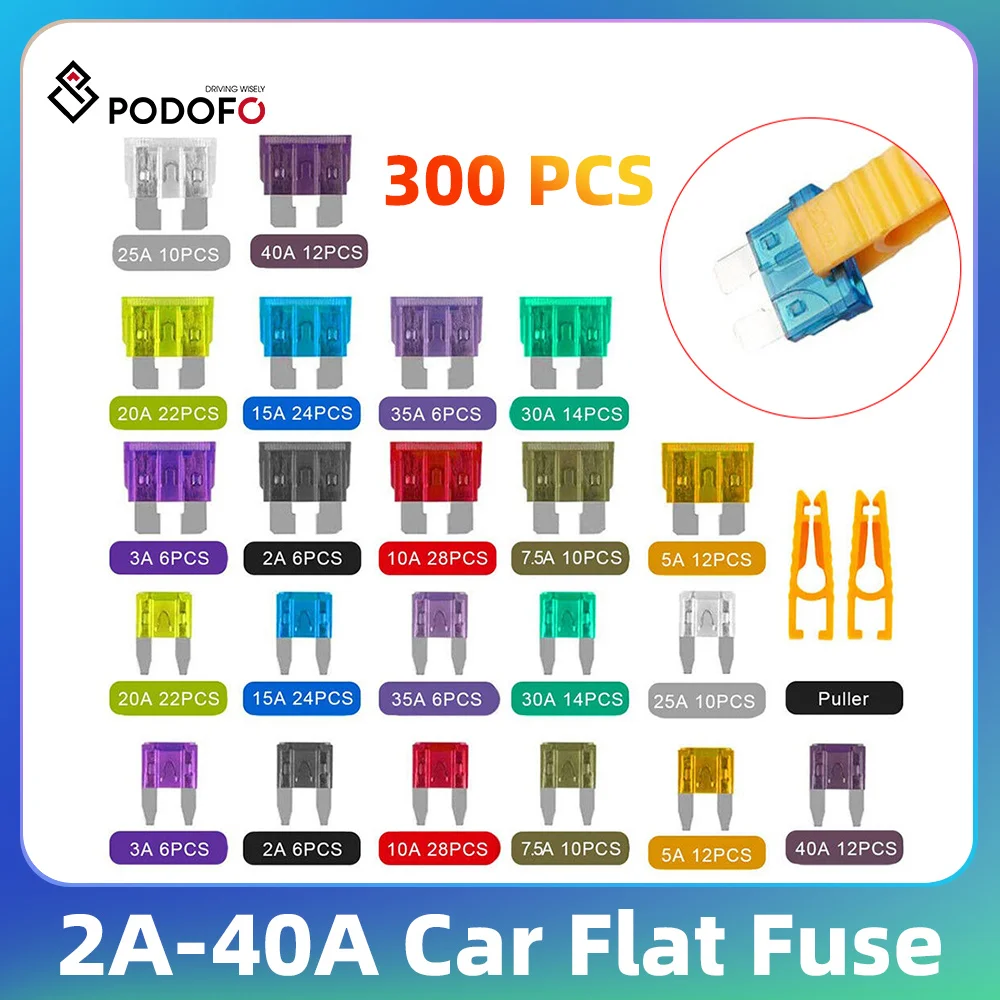 Podofo Car Fuses 300Pcs for Cars Blade Automotive Fuse Car Kit 2A-40A Car Flat Fuse Assortment 11+19mm Car Fuse With Box Clip