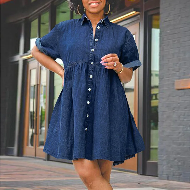 

Korean Sweet Style Short Sleeve Lapel Shirt Denim Dress Women's 2026 Summer New Solid Color Single Breasted Elegant Puff Skirt