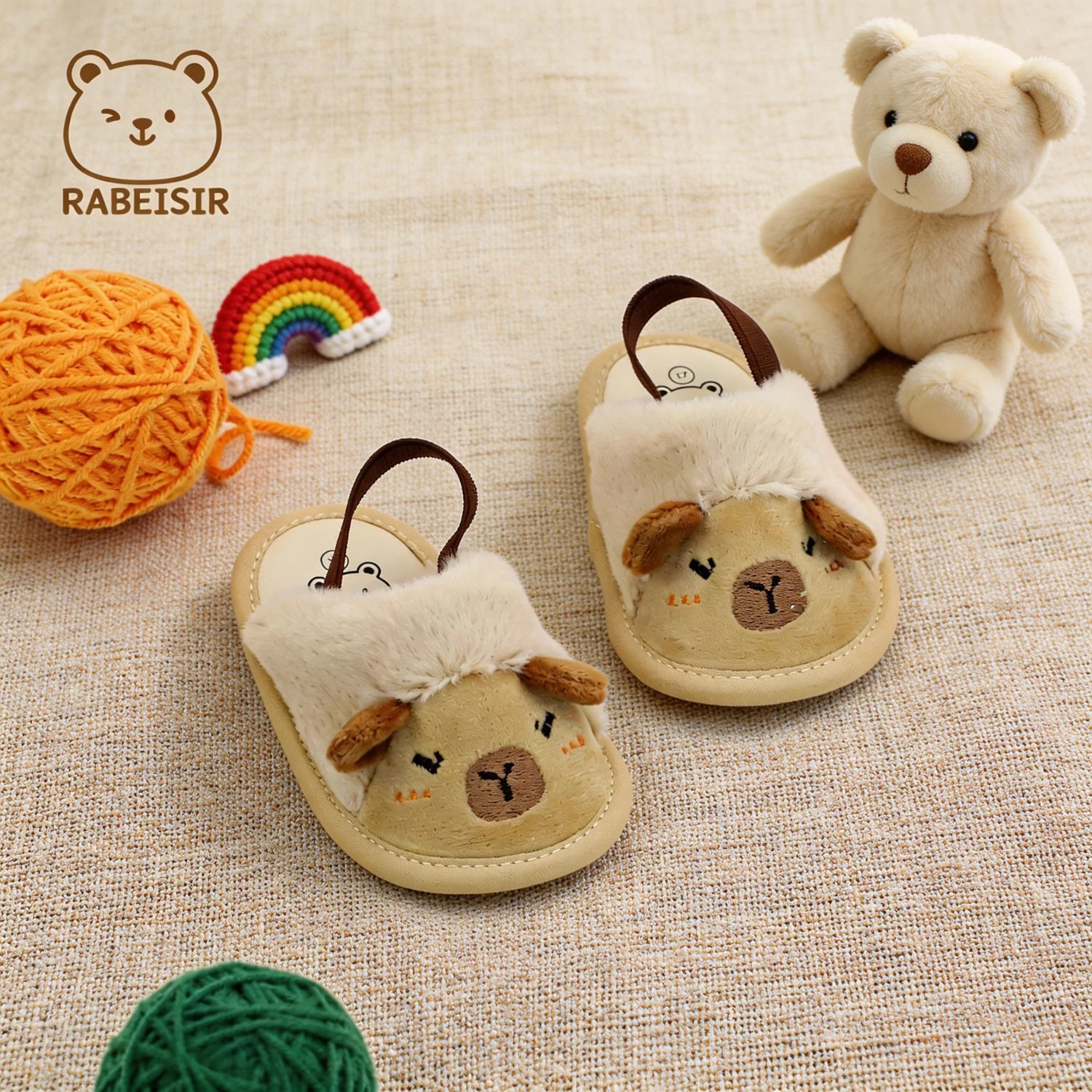 Baby Cartoon Animal Plush Indoor Walking Slippers Capybara Panda 3D Embroidery Elastic Back Strap Soft Sole Walking Shoes