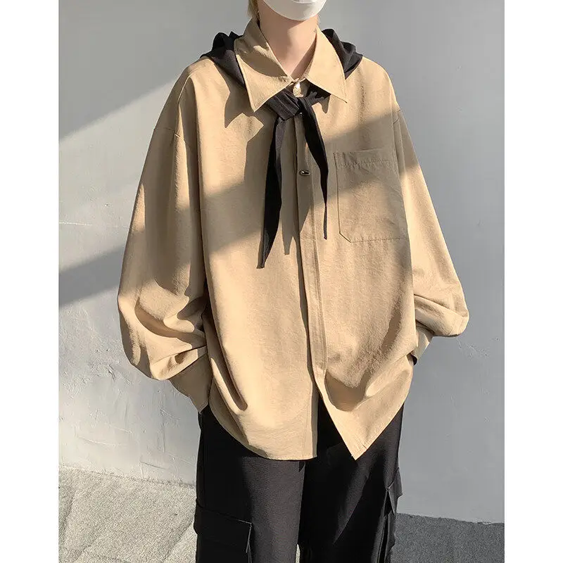 Premium Feel  Color Long Sleeve Men's Shirt Spring Summer Trendy Maturity Inner Wear Loose Top Polyester Blend