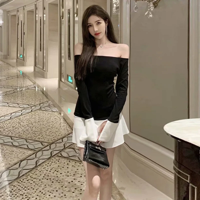 Party Gown Dress for Lady 2023 New Spring Autumn Black Strapless Dress Sexy Slash Neck Colorblock Long Sleeve Short A-line Dress