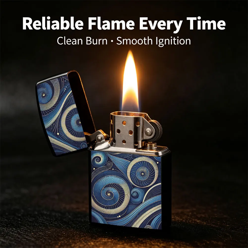 Pocket Lighter - Windproof Flip-Top Design with Blue Gold Spiral Pattern, Ergonomic Grip, Refillable Butane Lighter for Outdoor Camping and Everyday Use