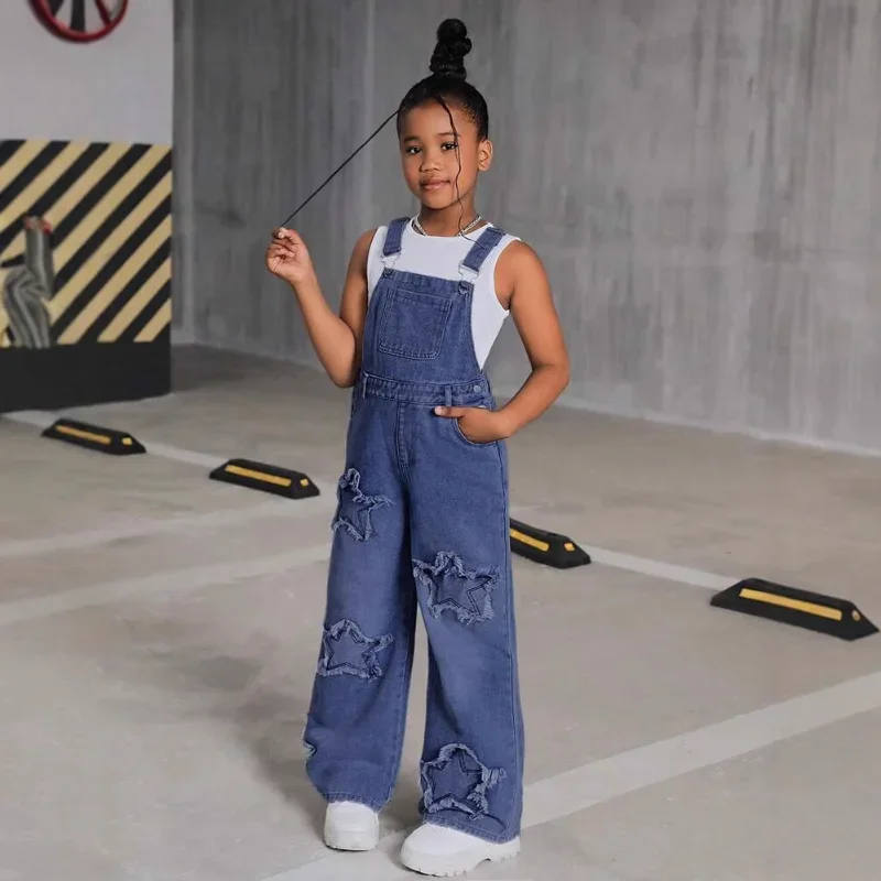 

Girls five-pointed star decorated wide-leg cowboy suspenders 130-160cm Big Kids high-end quality teenage