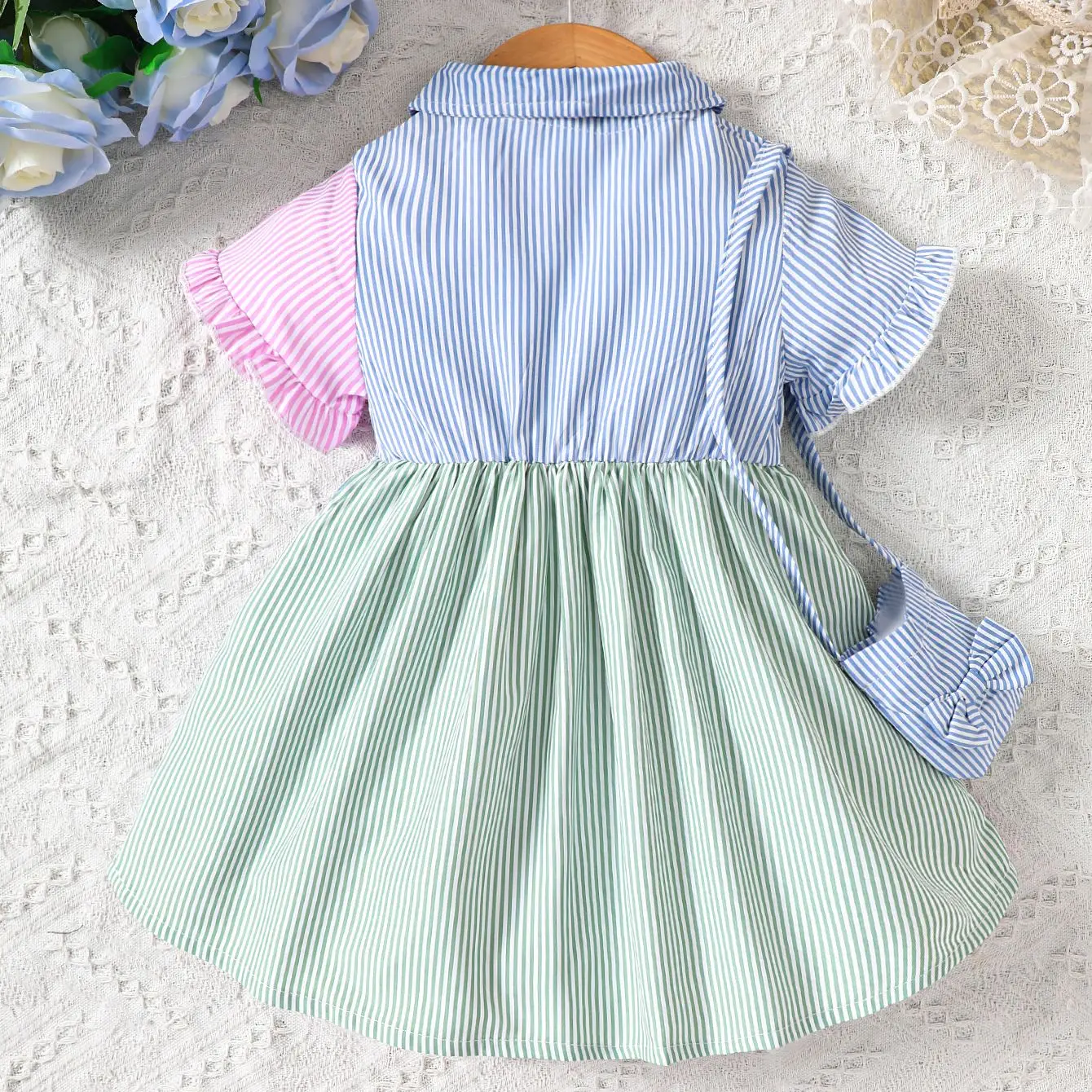 0-2 Year Old Newborn Dress Striped Color Matching Waist Up Dress Bag Baby 2Pcs Set