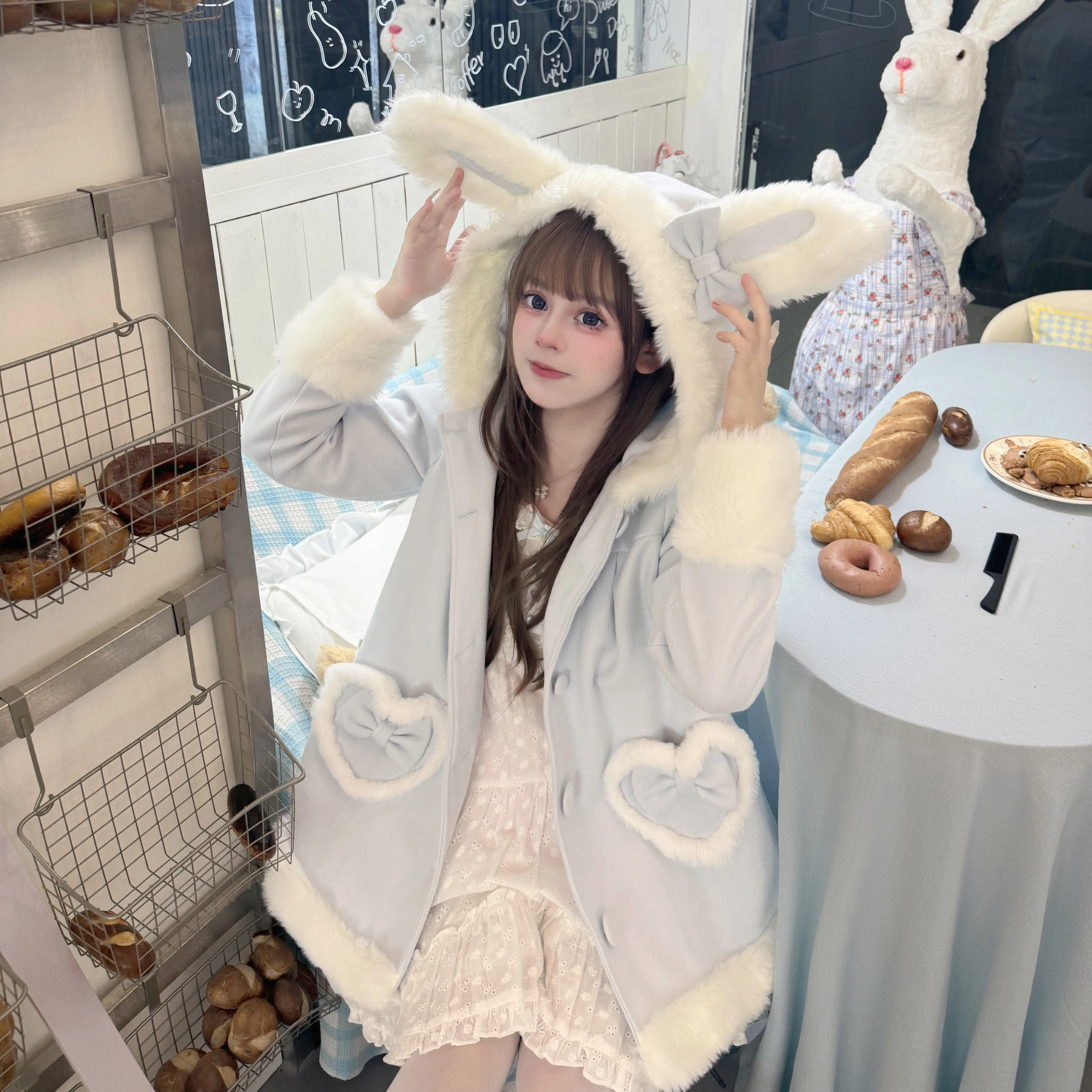 معاطف زرقاء للنساء معطف أذن أرنب صوفي ناعم على طراز لوليتا سترة متوسطة الطول معاطف وسترات للخريف والشتاء للنساء #1