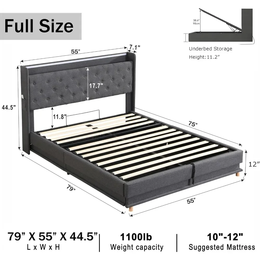 Full Size Bed Frame, Upholstered Platform Bed with Button Tufted Wingback Storage Headboard, Lift Up Full Storage Bed Frame