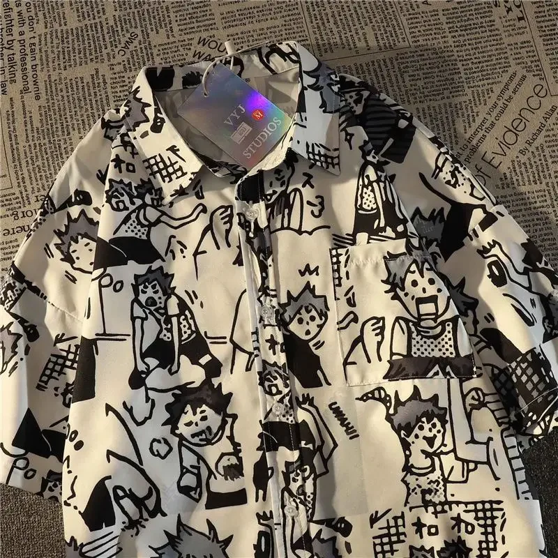 Camisa Vintage con estampado de dibujos animados para mujer, camisa elegante holgada con bolsillo y botones, diseño de sentido de Manga, cuello vuelto, Verano