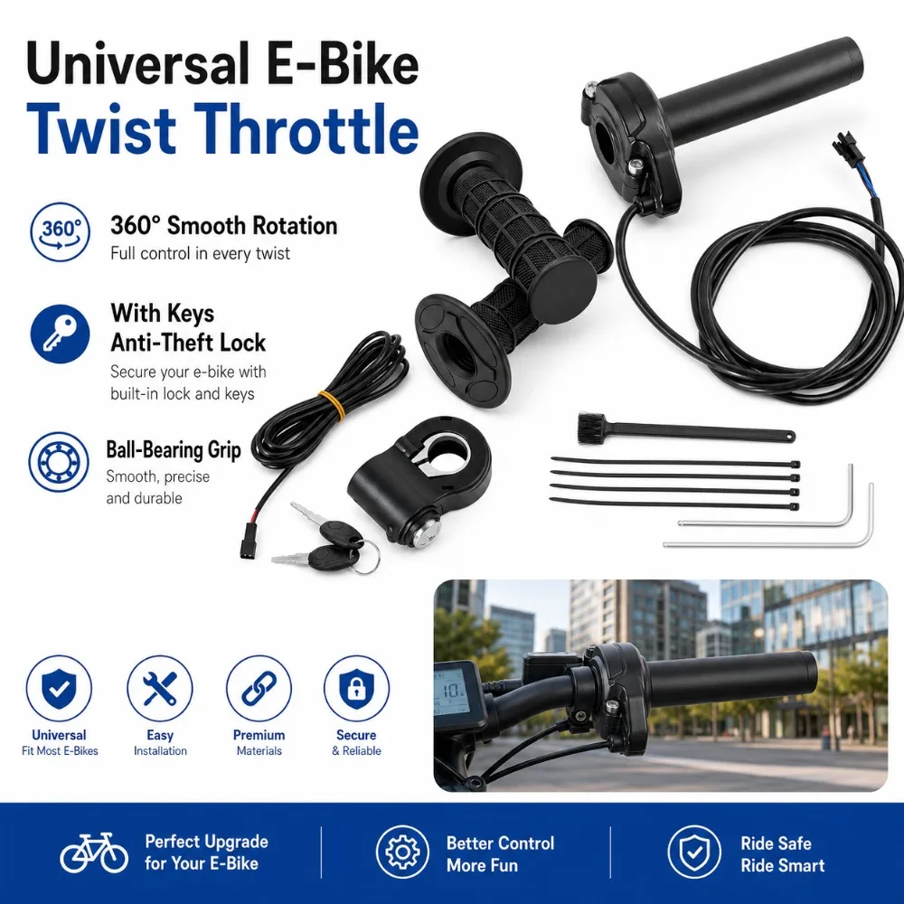 E-Bike Universal Throttle Handle, with Bearing Full Rotation Throttle, Smooth 360 ° Rotation, Equipped with Key Anti-theft Lock