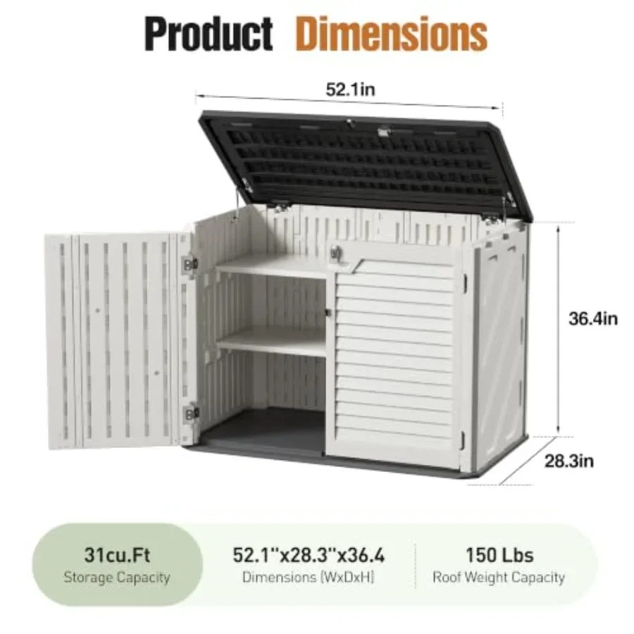 Resin Outdoor Storage Cabinet with 2 Shelves Floor, Weatherproof Plastic, Gray, UV-Resistant and Lockable for Garden Backyard P