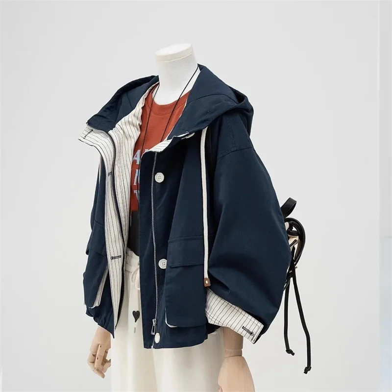 Spring Femme Fashion Hooded Workwear Coat Autumn Ladies Patchwork Short Jacket Korean Women High-end Long Sleeves Casual Outwear