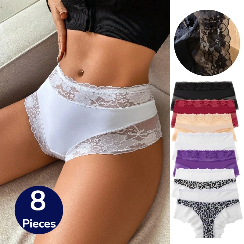 BZEL 8 Stück/Set Damenslips Blumenspitze Mode Leopard Sexy Dessous Damen-Slips Atmungsaktive Komfortable Unterhosen Bestseller