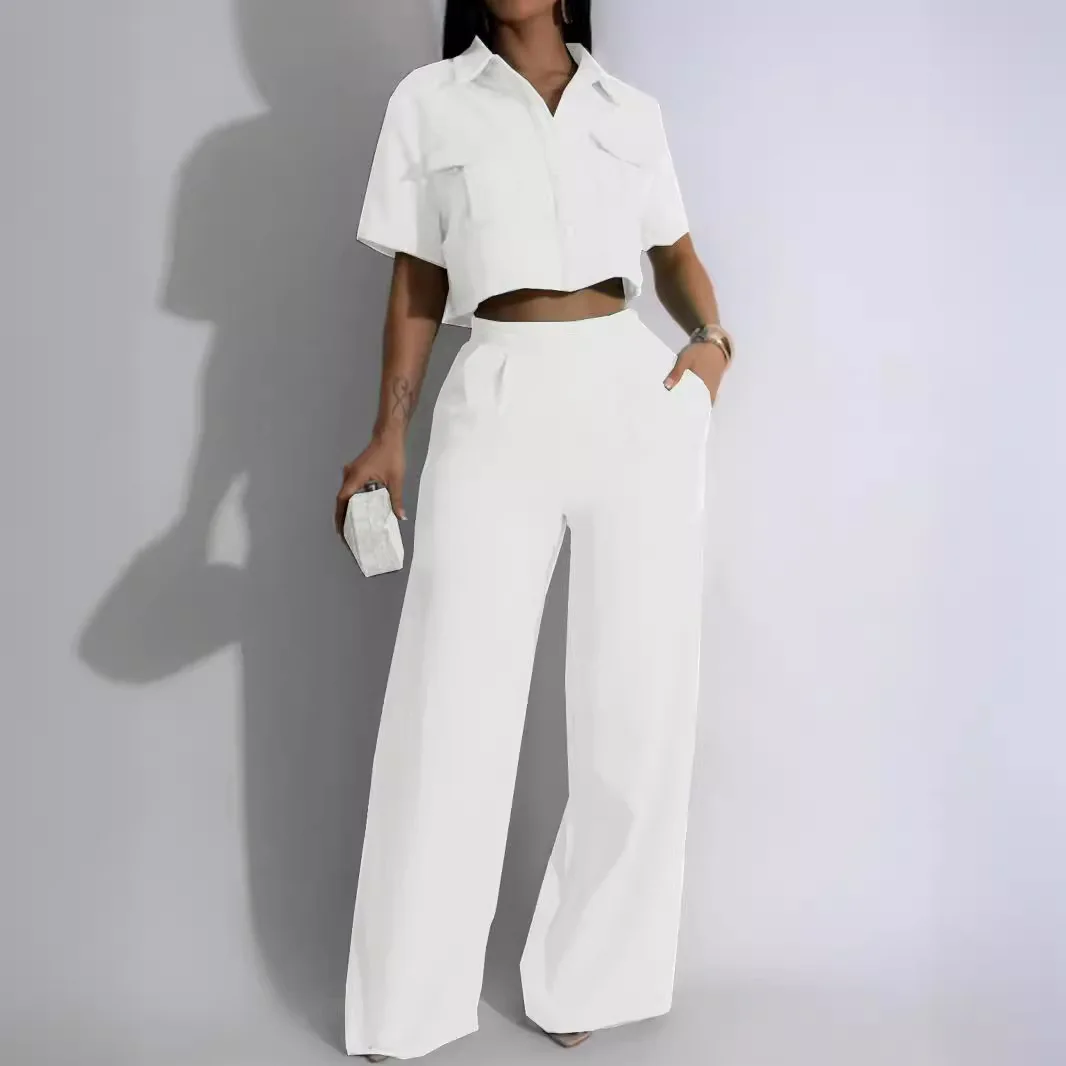 Women Two Piece Sets Pant Set Solid Casual Loose Turn Down Collar Short Sleeve Shirt Tops Wide Leg Long Pants High Waist