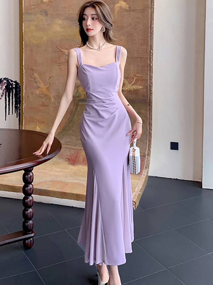 Summer Purple Patchwork Mesh Ruffled Long Dress Women Elegant Sling Sexy Club Dress 2025 Korean Vintage Luxury Evening Dresses