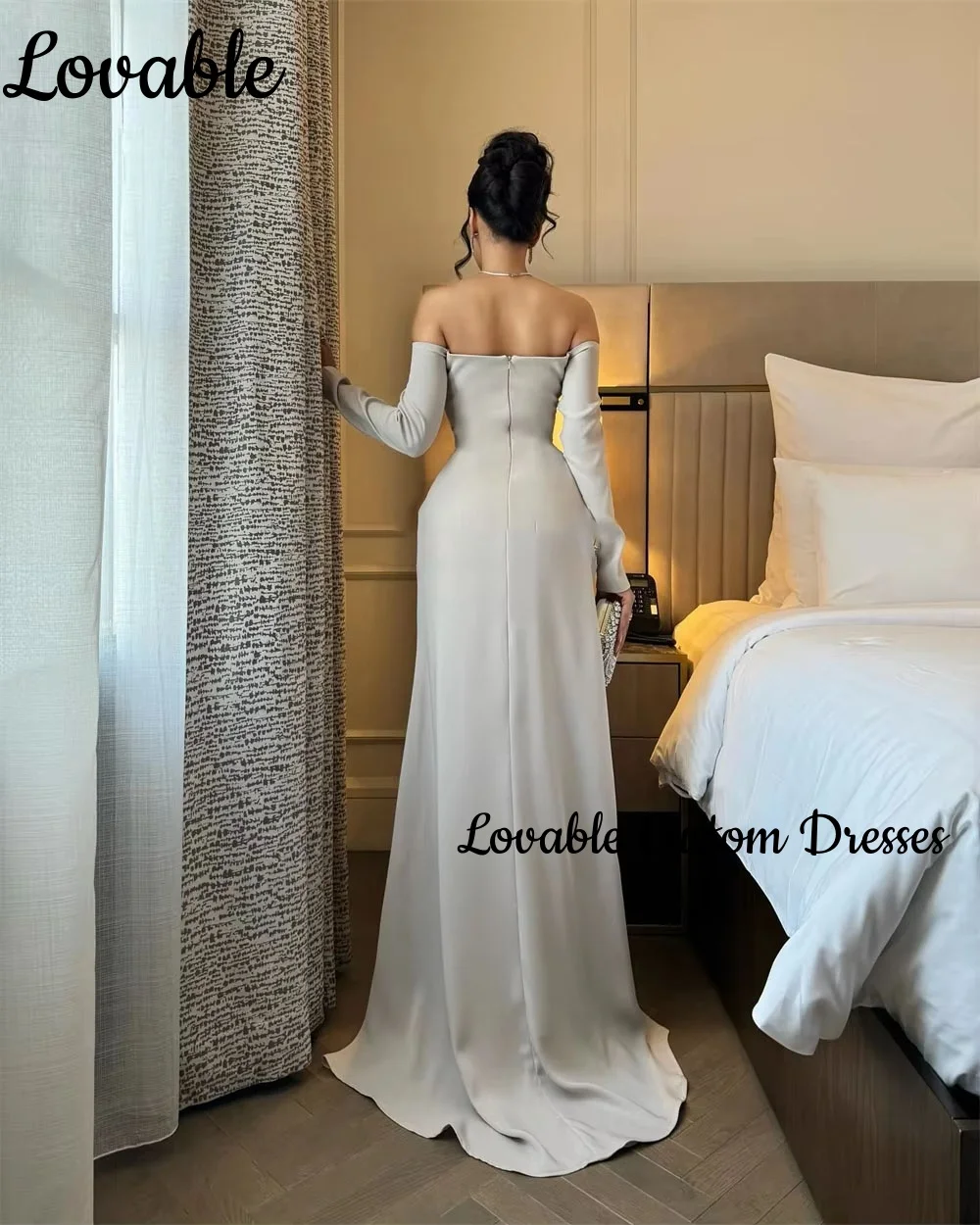 Robes de soirée pour femmes, colonne personnalisée, épaules dénudées, longueur au sol, robes d'occasion formelles, fermeture éclair perlée, manches longues