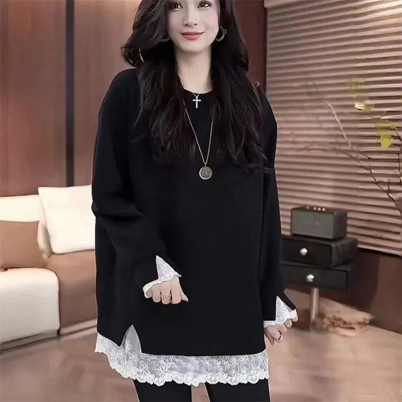 Sudadera coreana de cuello redondo a la moda para mujer, sudaderas con capucha de dos artículos falsos de encaje para mujer, Tops, camisa deportiva de ocio femenina para primavera y otoño