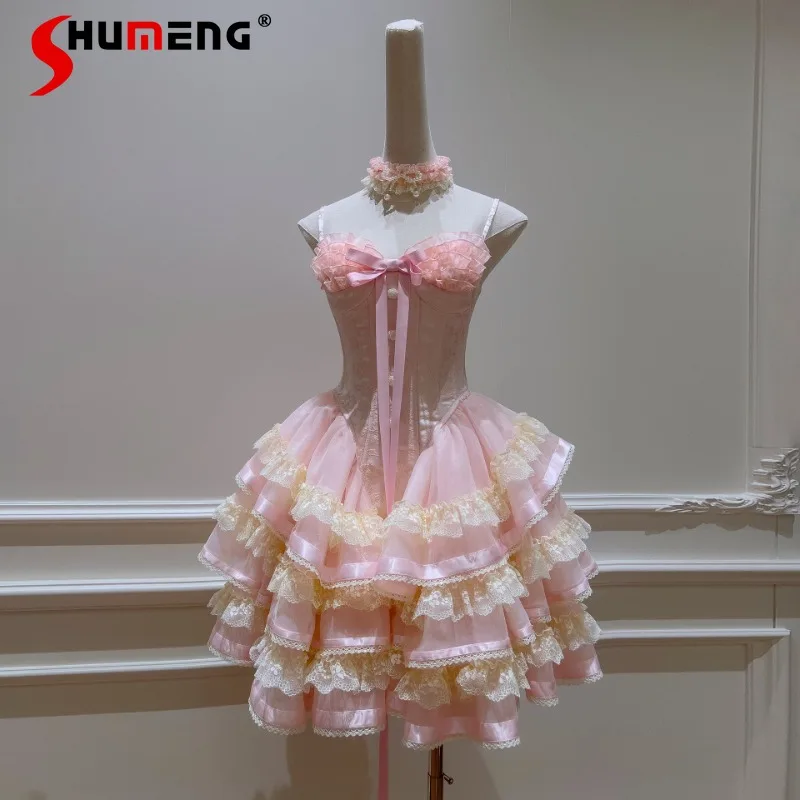 

Lolita Y2k Vestidos Women's Kawaii Birthday Party Dress Popular Design Suspender Tube Top Mesh Girl Bow Decorative Puffy Dresses