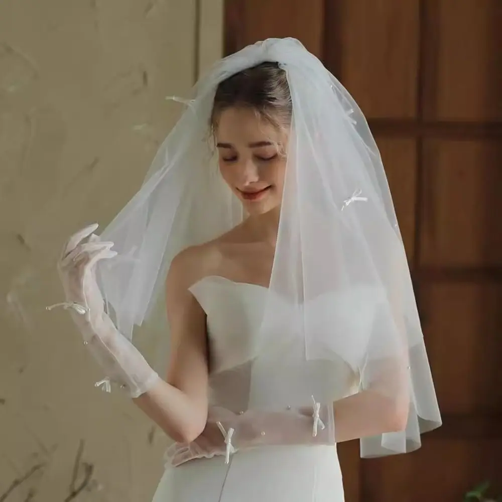 Soft Puffy Tulle Wedding Veil Double-layer Hair Accory Bridal Gloves Bow Bridal Veil Photo Prop