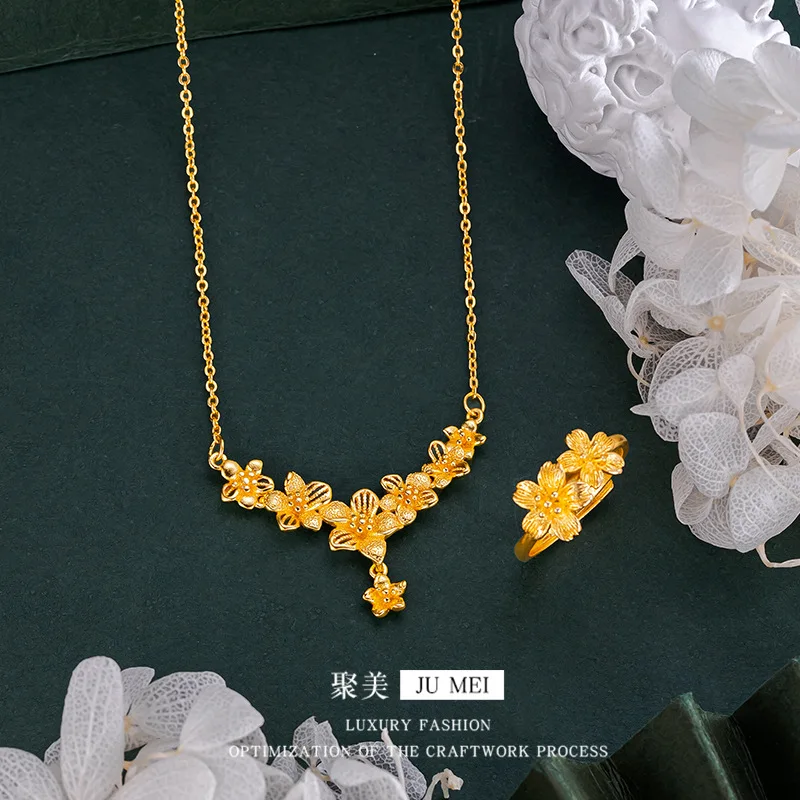 Роскошное женское ожерелье из чистого золота 9999 карат из настоящего золота с семью пятилепестковыми цветами и кольцо с двойным цветком камелии