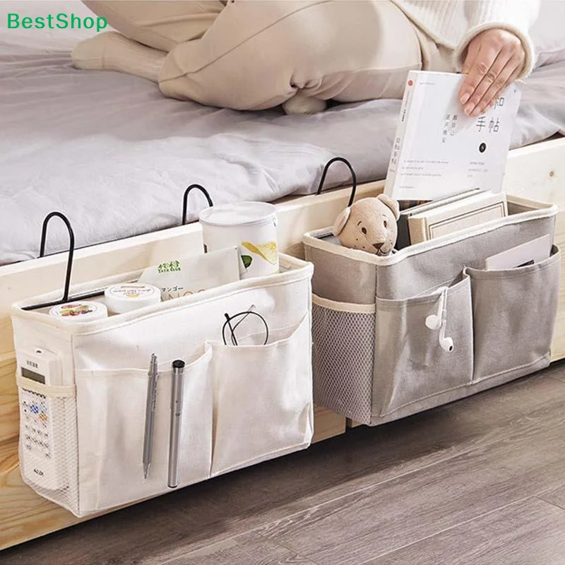 〔Q〕Durable Cotton Linen Bedside Hanging Organizer Large Capacity Multiple Pockets Side Hooks For Dorm Bunk Beds Bedrooms Home
