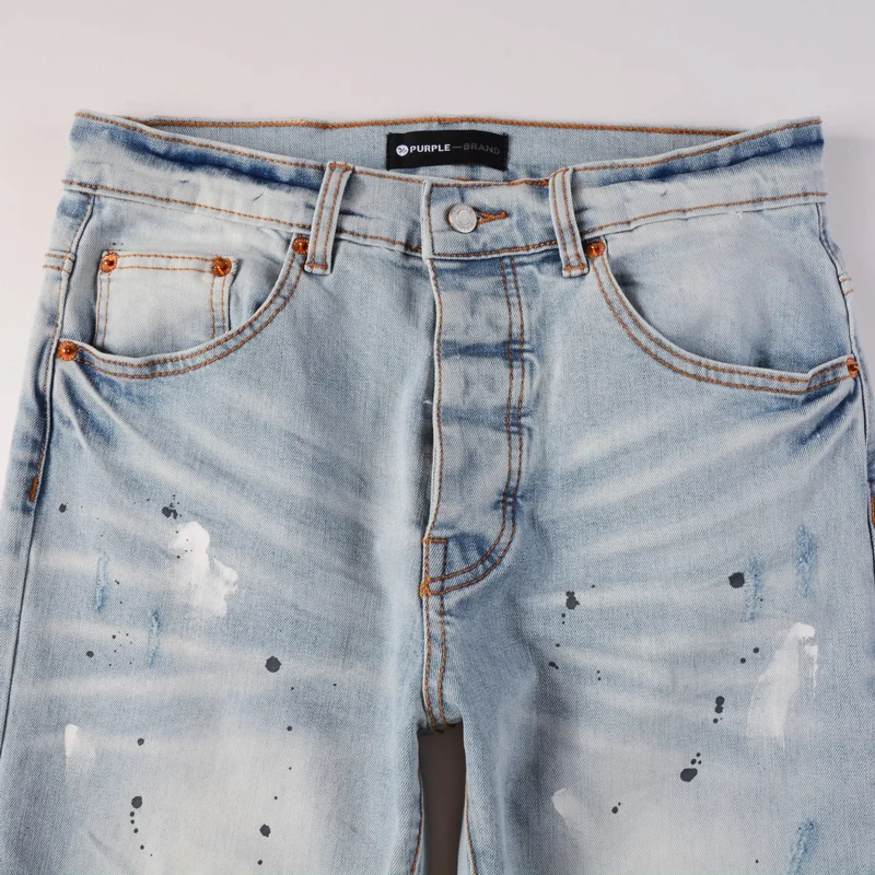 

fashion new men's jeans with pleated, painted, perforated, washed, nostalgic, elastic, slim fit, retro, light blue jeans, hi