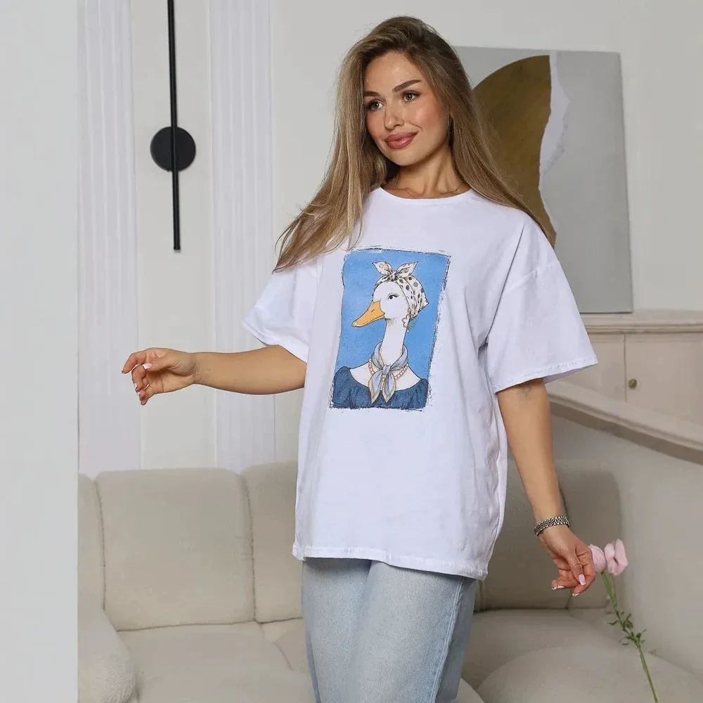 Casual Loose T Shirt Women Cotton Cute Duck Print Tee Summer Round Neck Short Sleeve Breathable Soft Aesthetic Fashion Tops