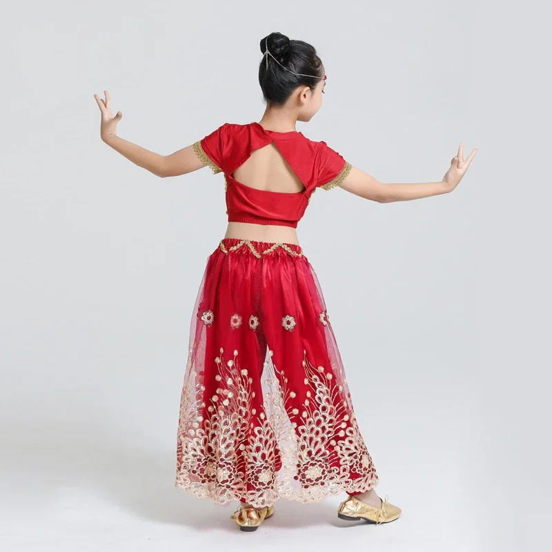 Sari Dancewear Kids Indian Outfits Bollywood Clothing Children Belly Dance Costume Set 3pcs (Top Pants Headdress)