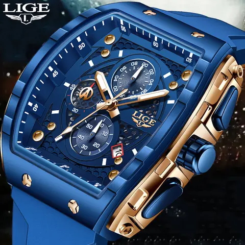 Reloj cuadrado LIGE de silicona azul a la moda para hombre, reloj de pulsera de cuarzo resistente al agua para deportes al aire libre, cronógrafo de cuarzo luminoso informal