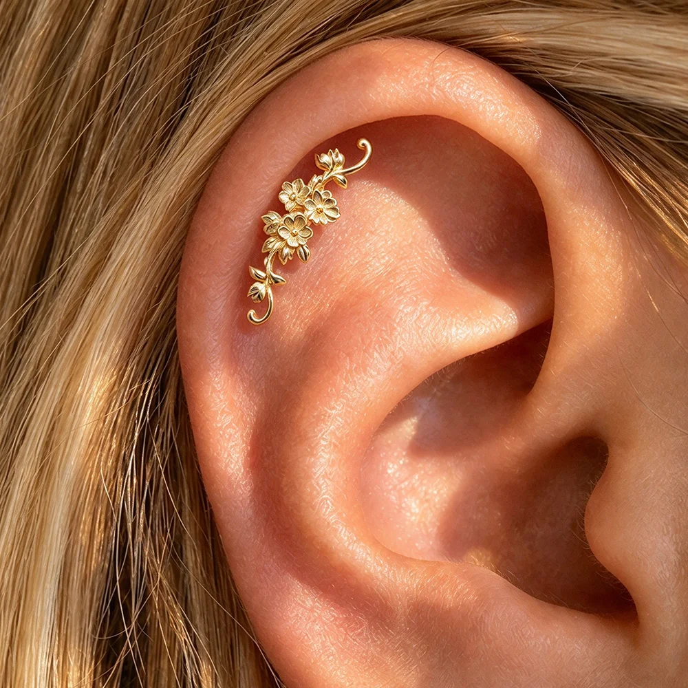 ROXI 925 Sterling Silver Glossy Texture Flowers Branches  Leaves Helix Stud Earring Women's Cartilage Conch Piercing Earrings
