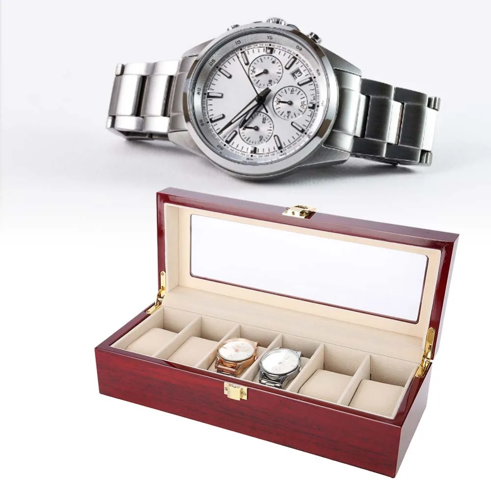 

Luxury Look Wooden Watch Box 6 Slots Glossy Paint Storage Box Large Capacity Red Sandalwood Packaging Box Retail Wholesale