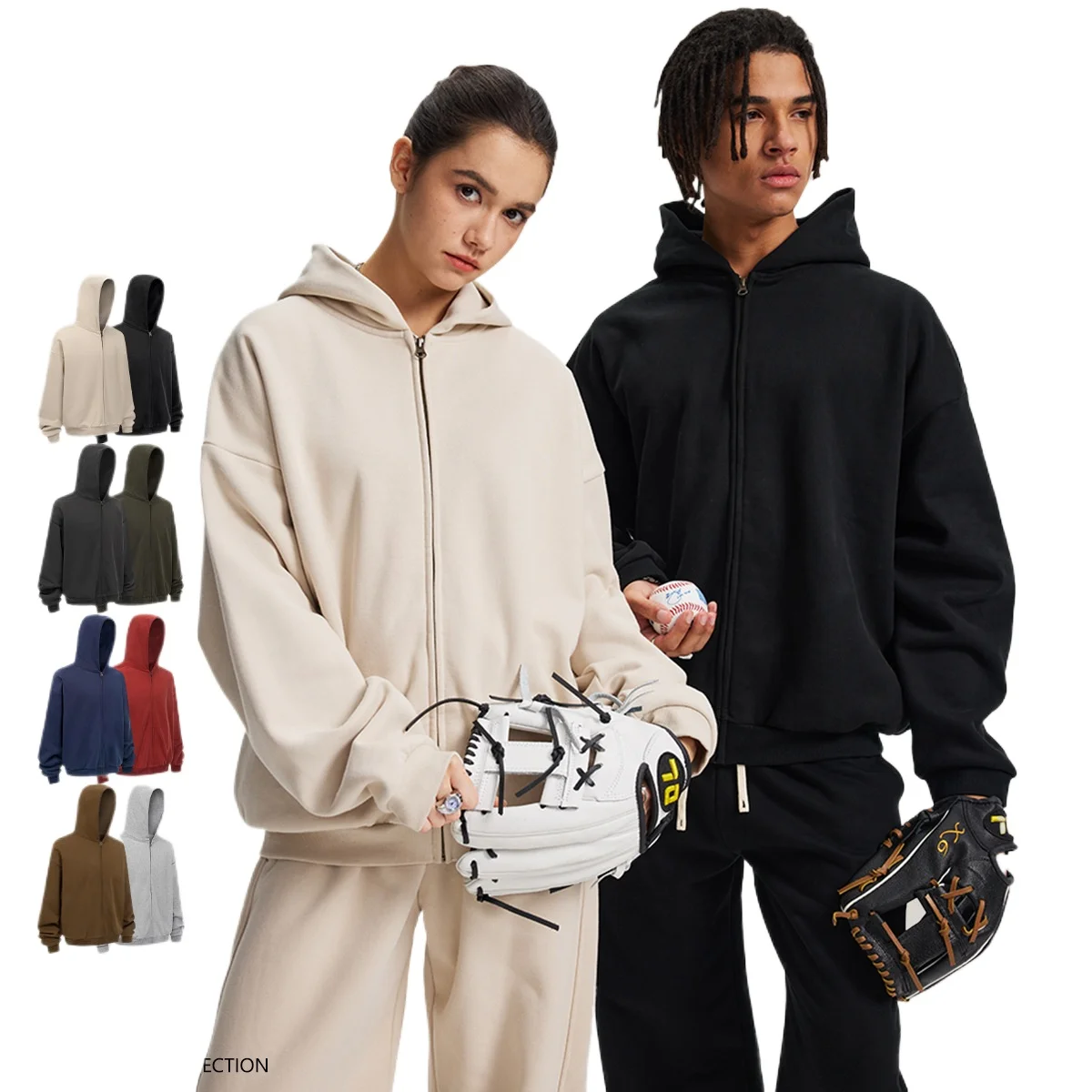 Custom LOGO autumn winter men women couples 430G cotton polyester velvet YKK zip hooded cardigan scimitar sweatpants two-piece