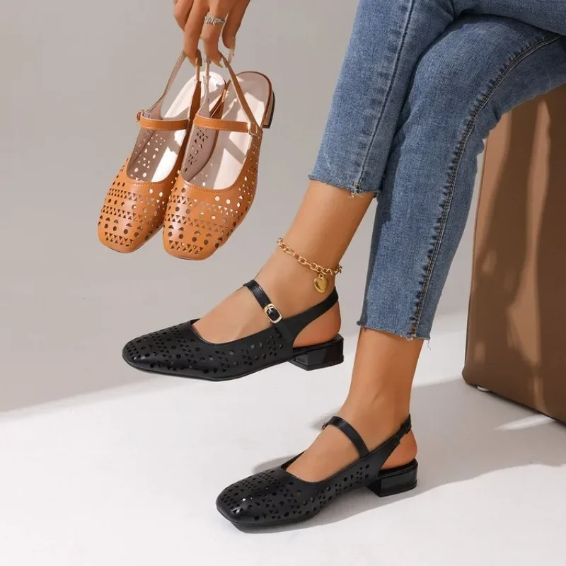 Women Square Toe Geometric Cutout Slingback Mary Jane Sandals Adjustable Single Strap with Metal Buckle Summer Casual Outfits view 3