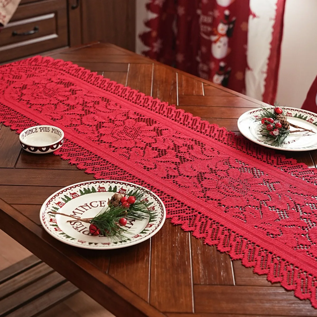 Christmas Table Runner Red Lace Laces Doilies for Xmas Party Thanksgiving Wedding Birthday Kitchen Dining Coffee Table Decor