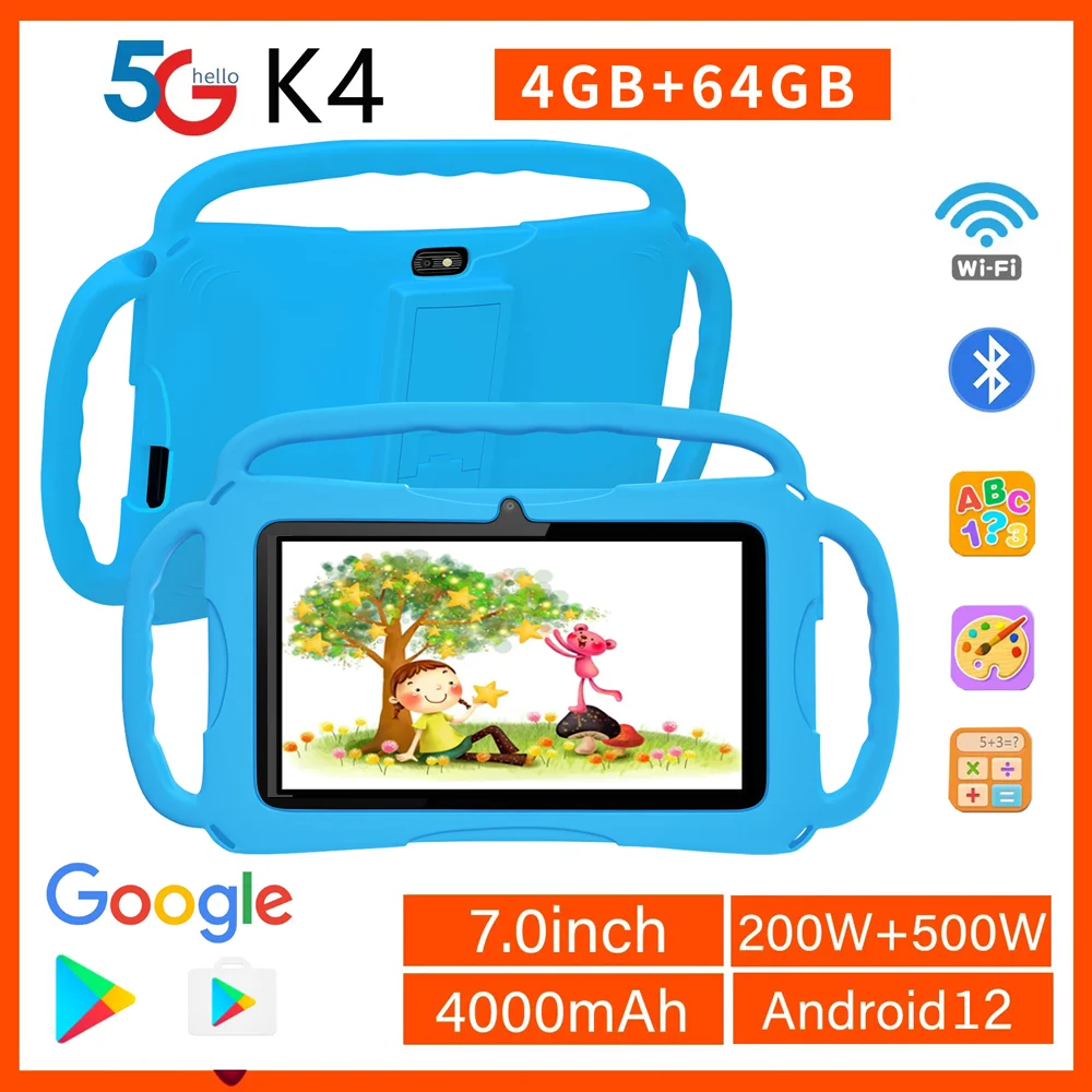 BDF Tablet per bambini da 7 pollici Quad Core Android 12 WiFi 64 GB WiFi Bluetooth Software educativo installato