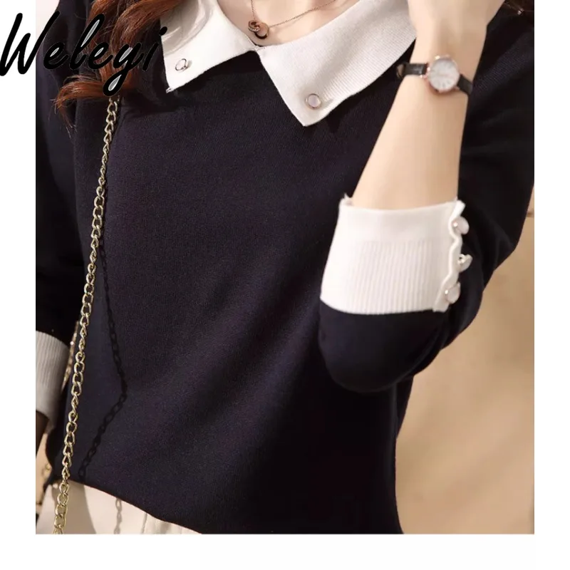 Korean Fashion Cute Primer Sueter Autumn Sweet Versatile Winter Clothes Women Lapel Nail Drill Loose Long Sleeve Knitted Sweater