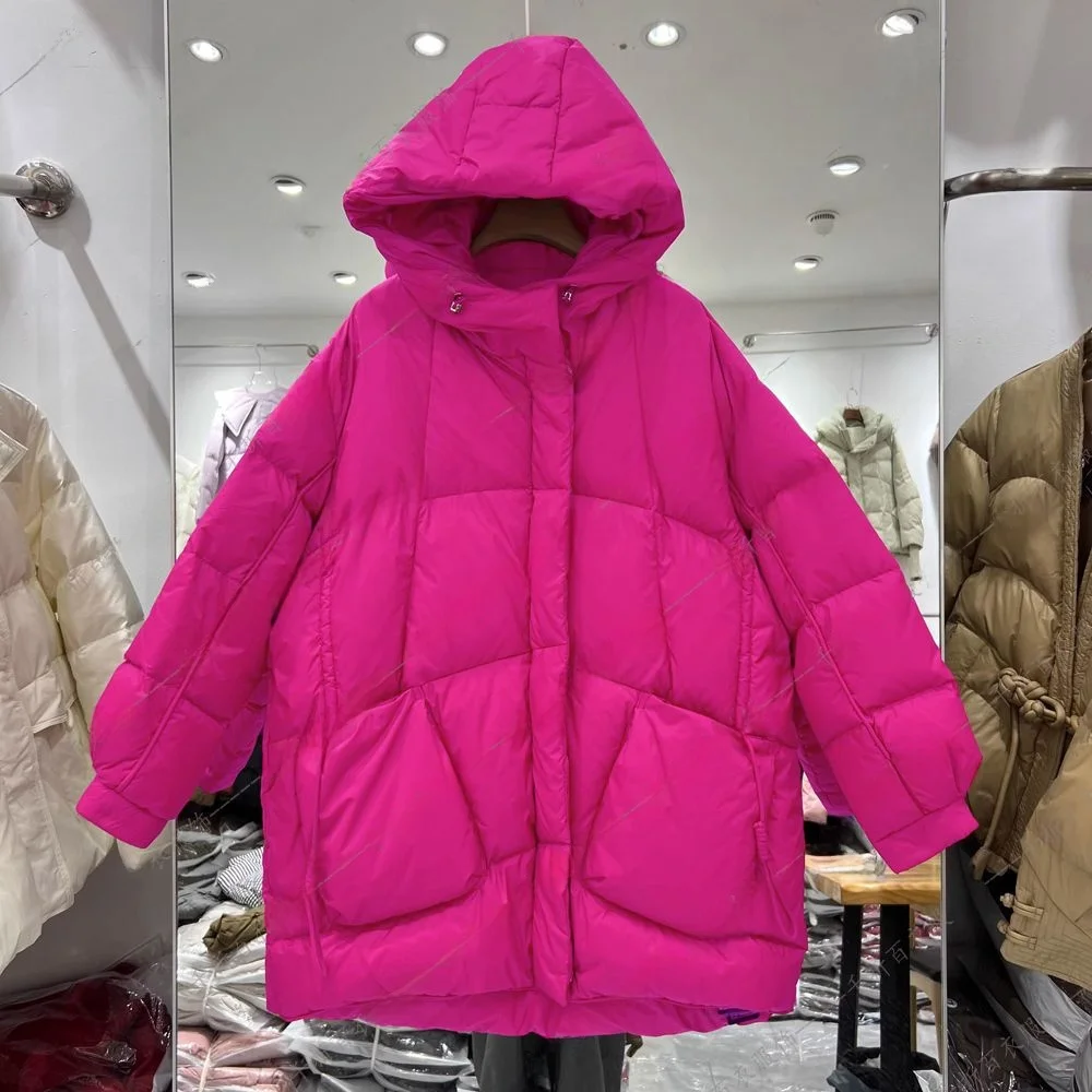 

Женская зимняя пуховая куртка свободного кроя большого размера средней длины с капюшоном в корейском стиле, легкая повседневная верхняя одежда