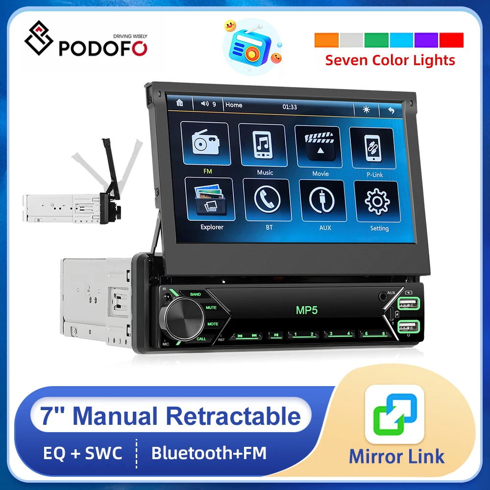 

Podofo 1DIN 7" HD Manual Retractable Touch Screen Car MP5 Radio For Universal Bluetooth FM Radio Receiver EQ Support TF/USB