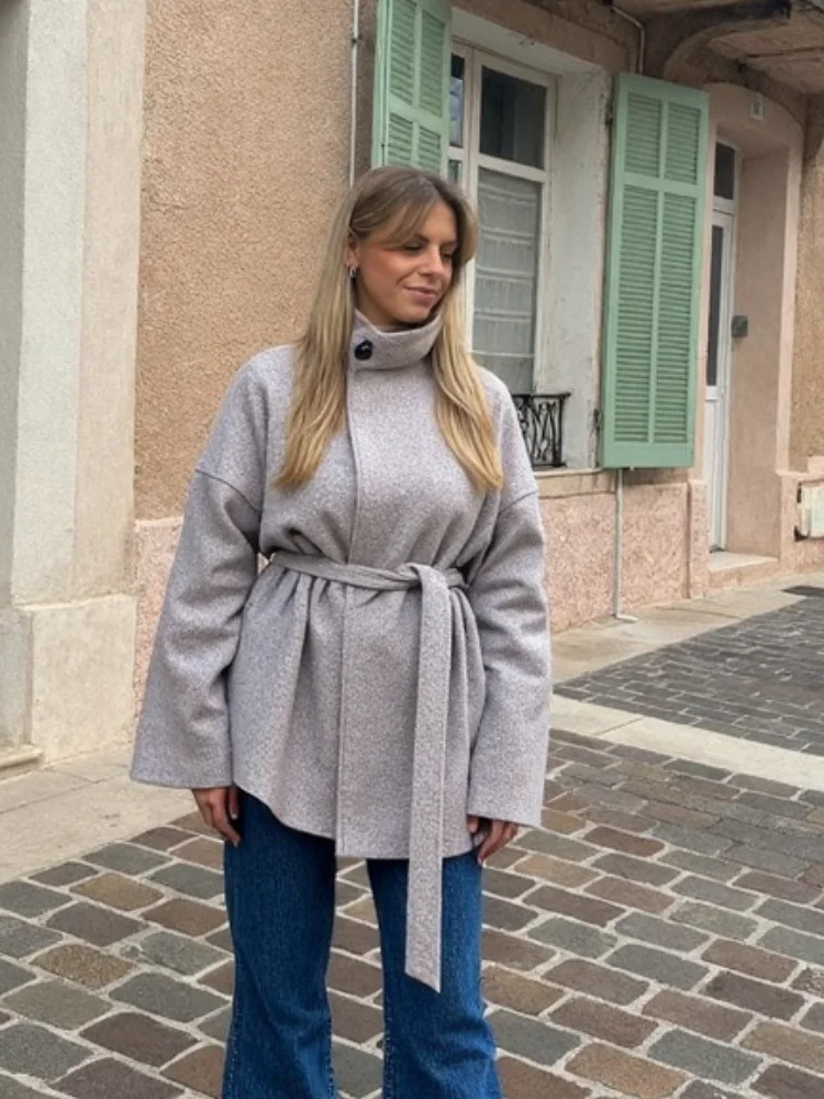 

Повседневные однотонные шерстяные пальто, женские модные свободные куртки с длинным рукавом и воротником-стойкой на шнуровке, женская осенне-зимняя женская верхняя одежда 2023 г.