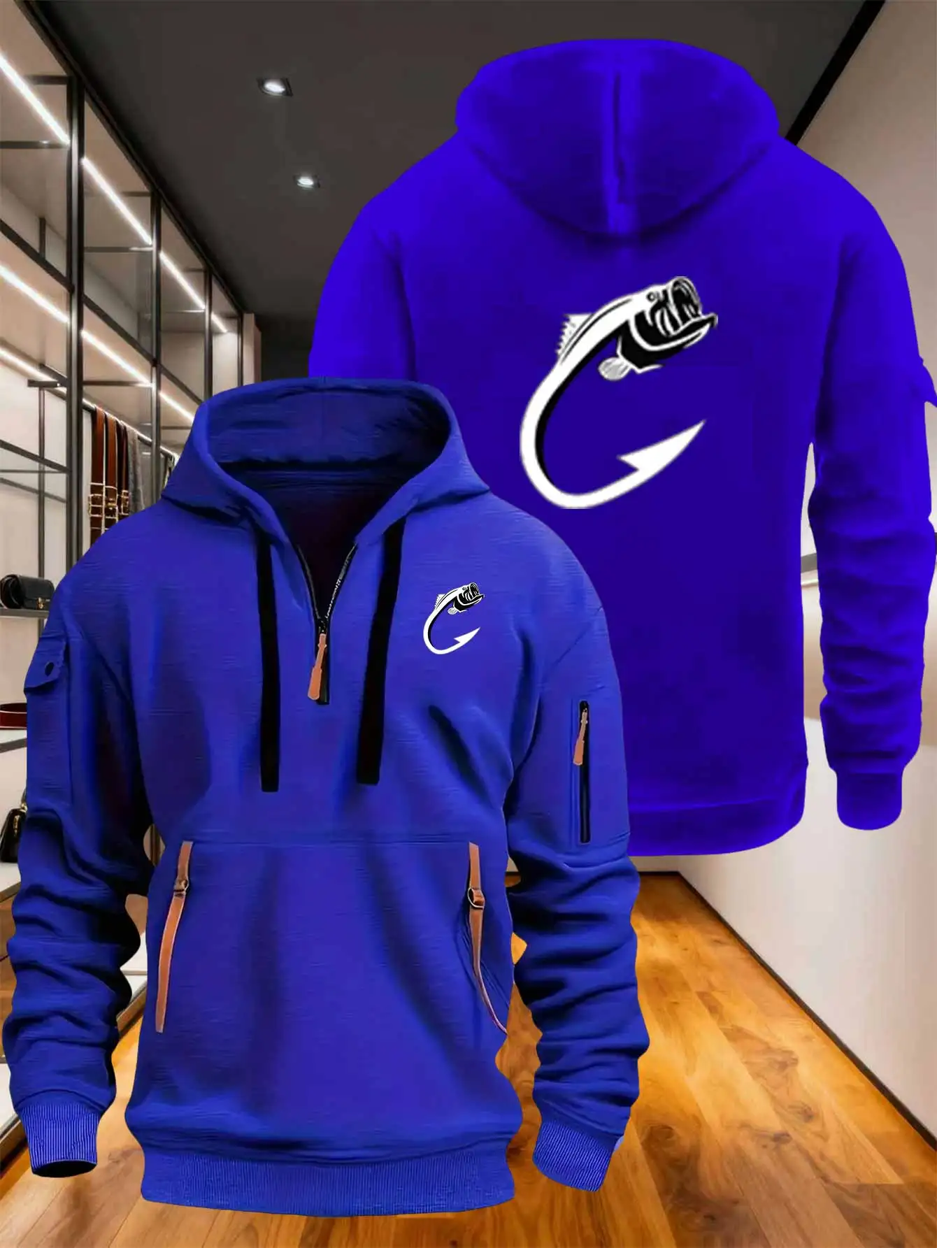 Men's Autumn/Winter Zipper Ribbon Sweatshirt with Fishhook Print, Casual Sporty Pullover Top, Halloween Style