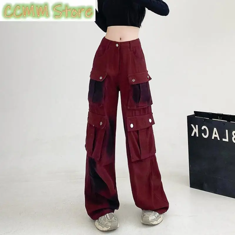 

Красные джинсовые джинсы, женские джинсы-карго с высокой талией, свободные уличные джинсы с большими карманами, широкие прямые длинные джинсы, женские весенние