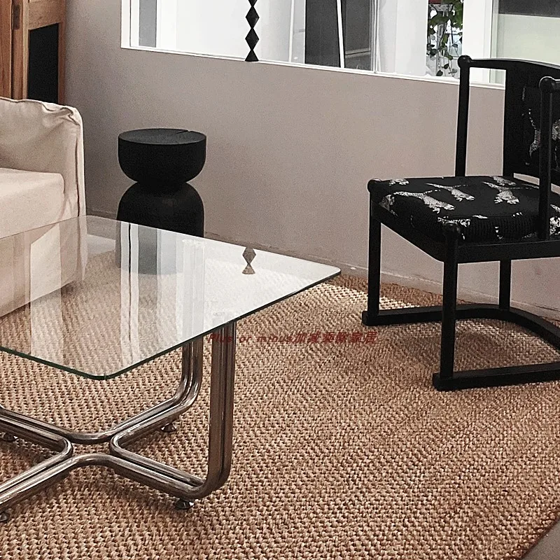 Transparent square glass coffee table, stainless steel low table